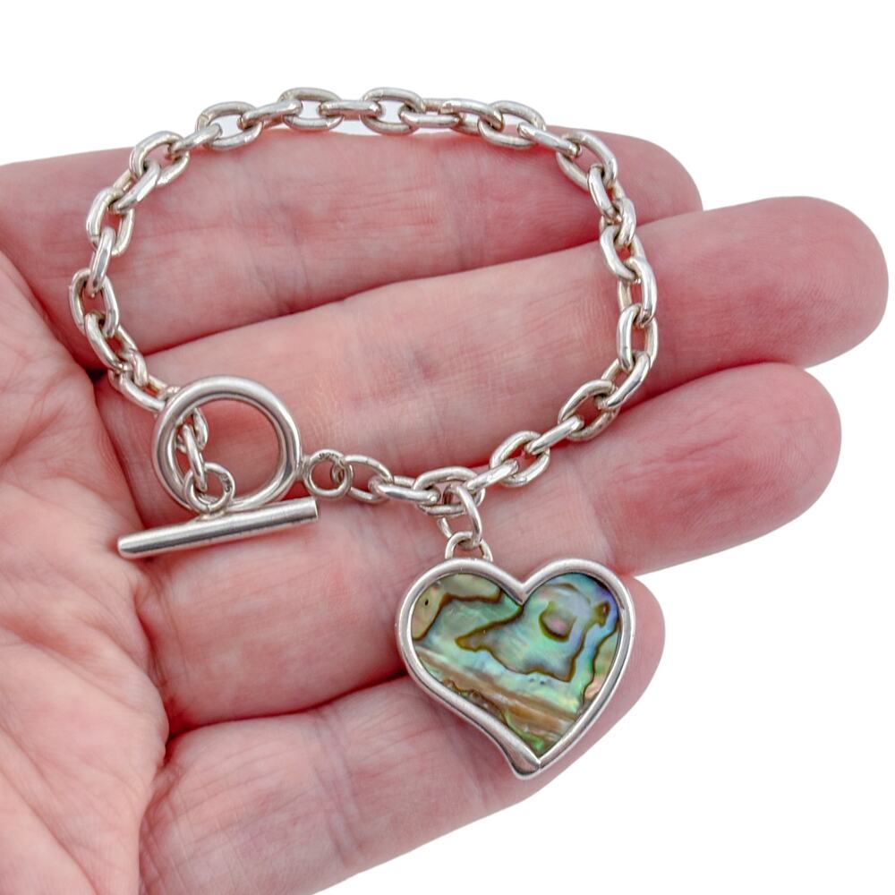 Vintage Sterling Silver 925 Abalone Heart Charm Bracelet 7"